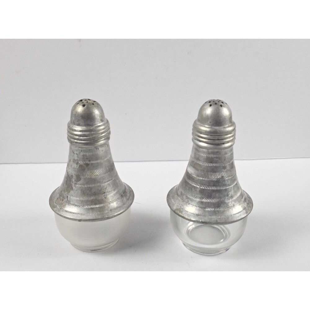 Vintage 1950’s Atomic Light Bulb Shaped Aluminum & Glass Salt & Pepper Shakers